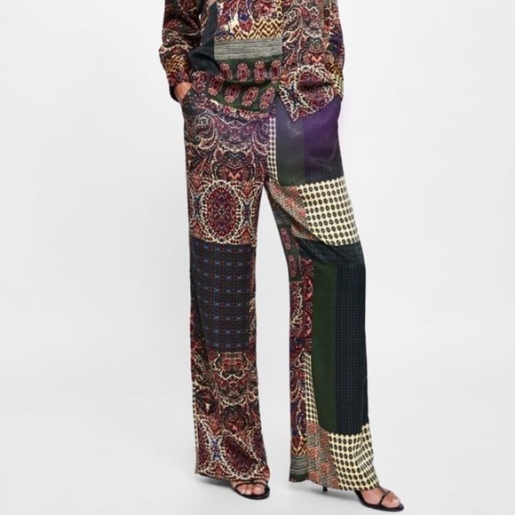 Zara Pants - Zara Patchwork Satin Stretch Pants Wide Leg Pockets Colorful Boho